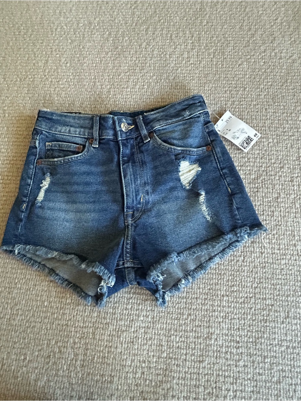 H&M Dark Blue High-Waist Distressed Denim Shorts